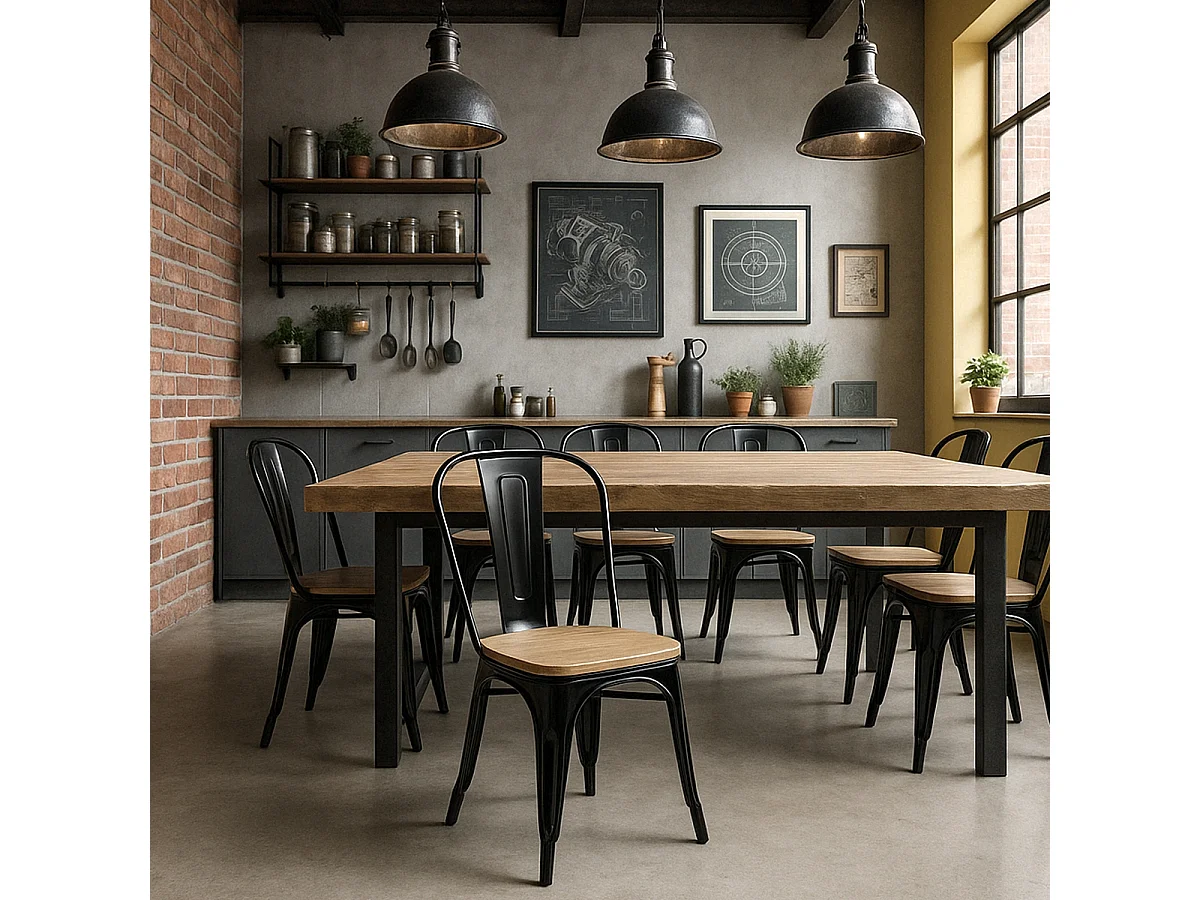 sillas estilo industrial diseño barra cocina steel wood light - Negro