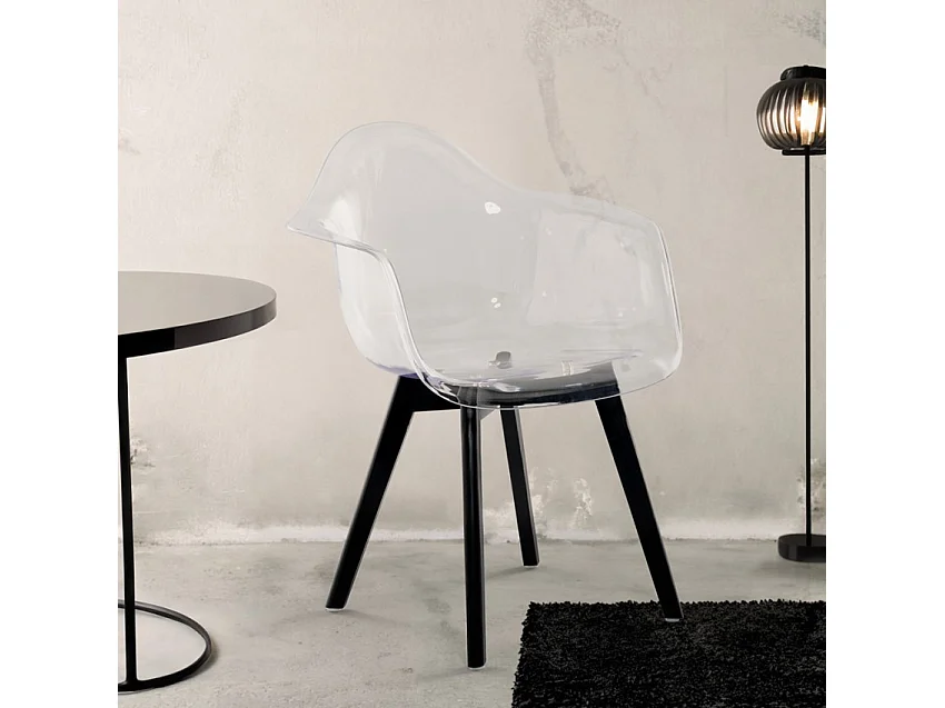 Sedia poltroncina moderna policarbonato trasparente gambe legno Arinor - Nero