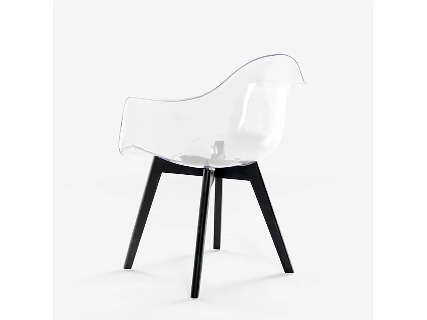 Sedia poltroncina moderna policarbonato trasparente gambe legno Arinor - Nero