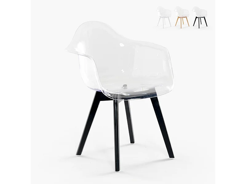 Chaise fauteuil moderne en polycarbonate transparent avec pieds en bois Arinor - Noir