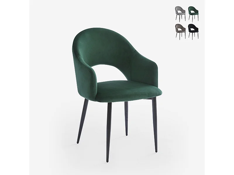 Silla con reposabrazos moderna de terciopelo para salón-comedor y cocina Rozan - Verde oscuro