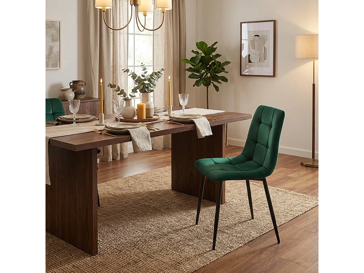 Wohnzimmer- Küchenstühle 4er Set gesteppt Samt Corfù - Dunkel Grün