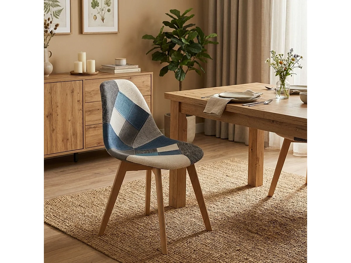 Chaise patchwork design nordique bois et tissu cuisine bar restaurant Robin - Patchwork 5