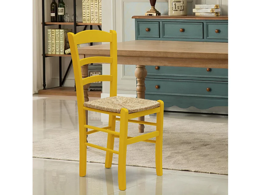 Silla Comedor Rústica Madera Asiento Artesanal Para Cocina Bar y Taberna Paesana - Amarillo