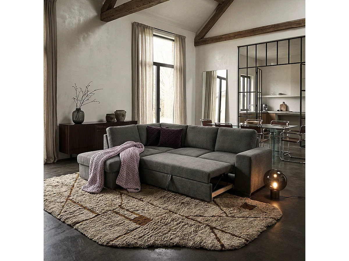 3-Sitzer Schlafsofa mit Bettkasten und linker Chaise Longue Veyro - Dunkel Grau