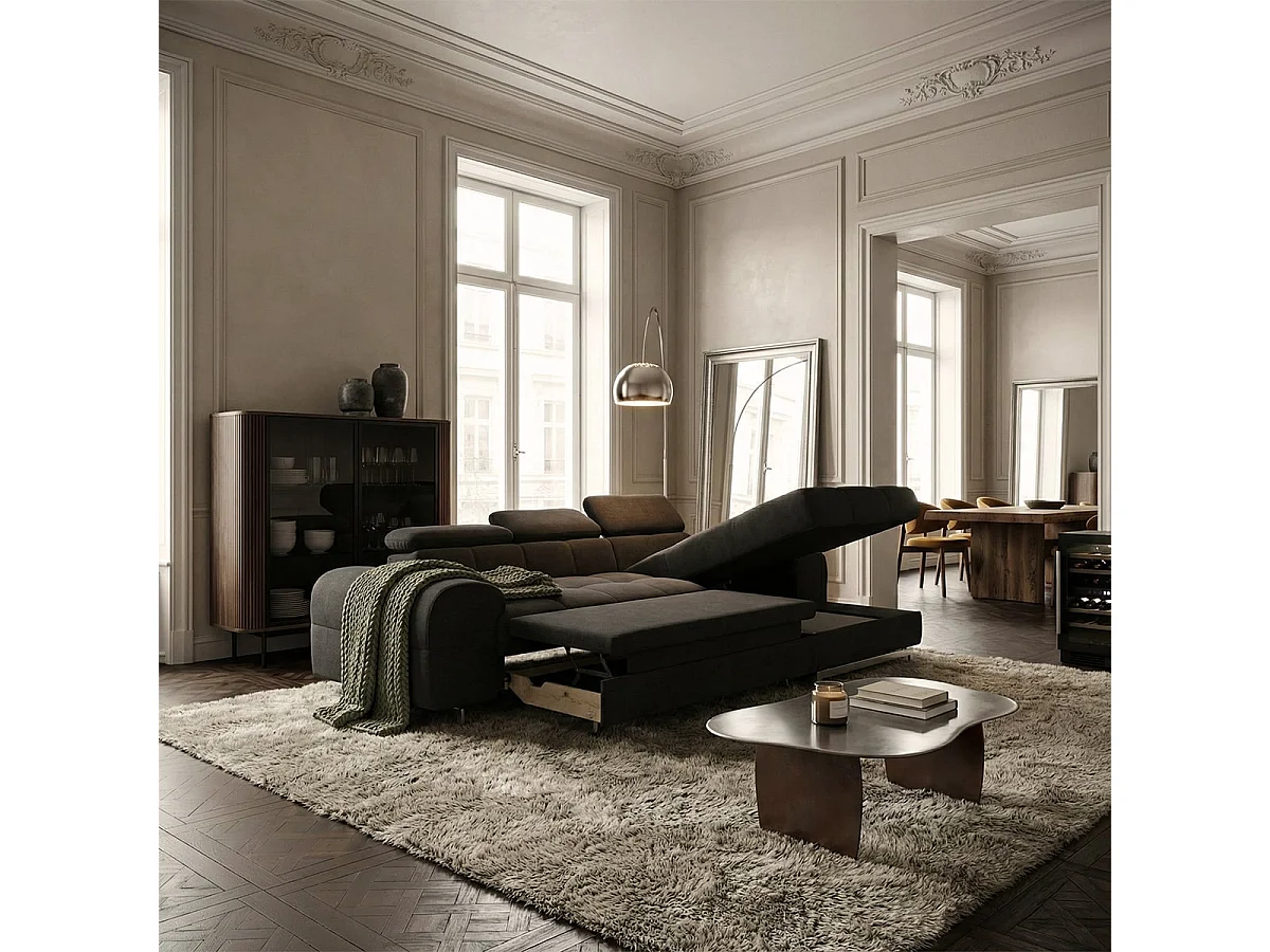 Schlafsofa mit rechter Ottomane, Stauraum und verstellbarer Kopfstütze Eluna - Schwarz