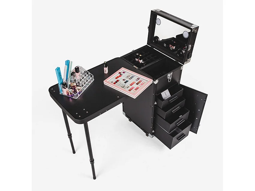 Maleta para maquillaje con ruedas y mesa con espejo y luces led Smarty