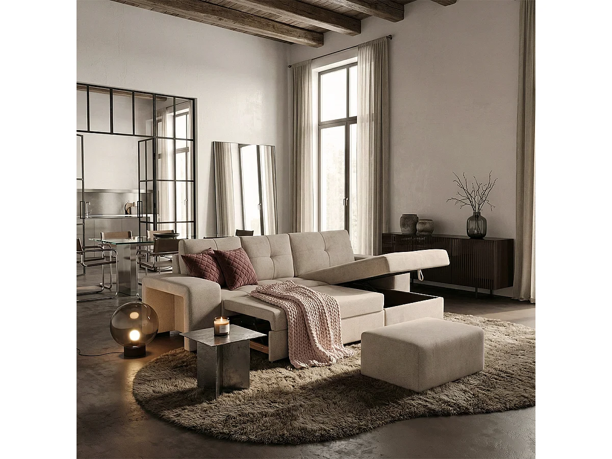 3-Sitzer Schlafsofa mit rechter Ottomane, Stauraum und Pouf Kava - Grau