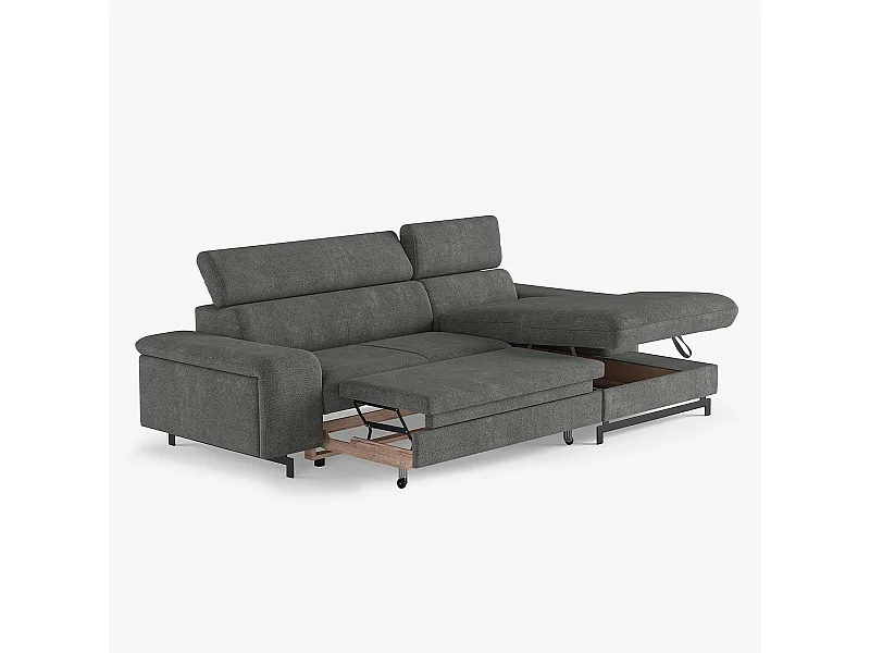 3-Sitzer Schlafsofa mit rechter Ottomane, Stauraum und verstellbarer Kopfstütze Miva - Grau