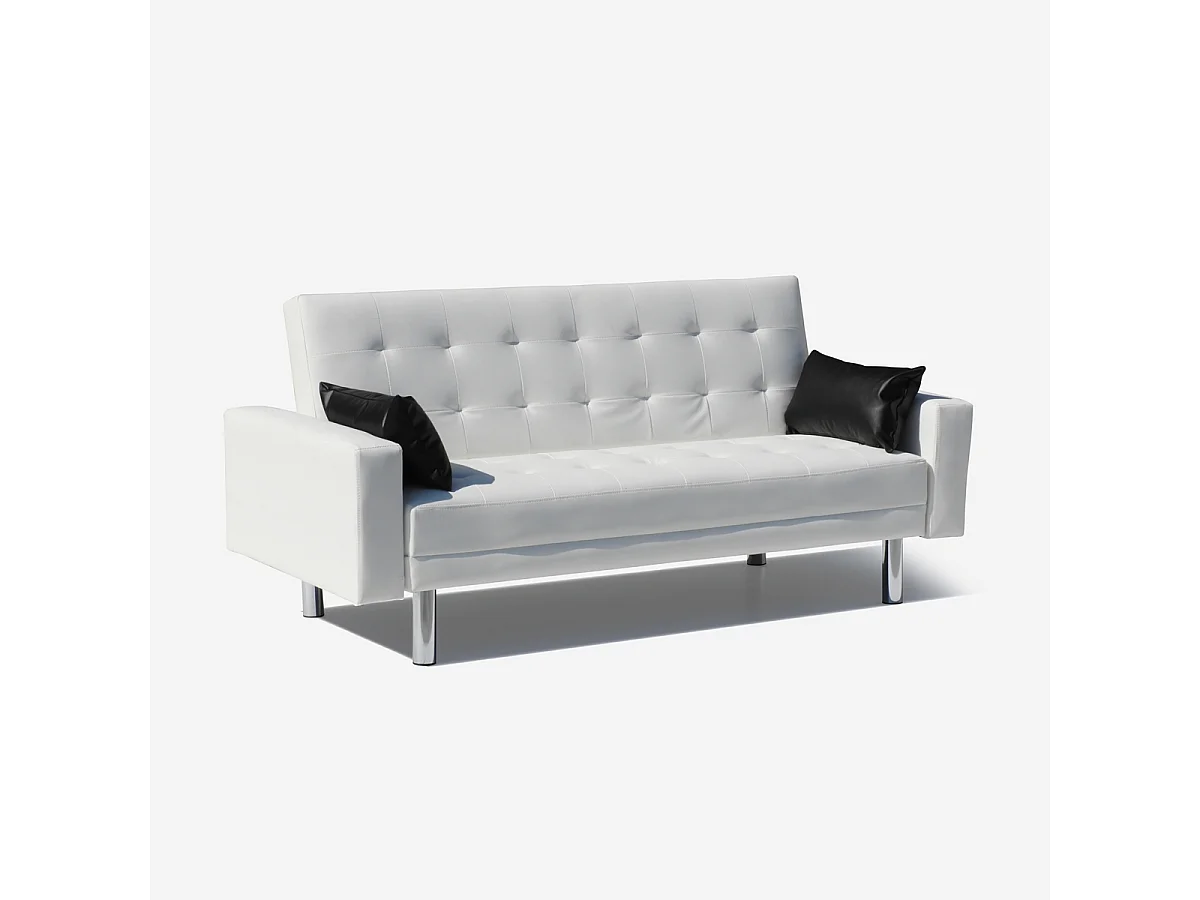 Canapé convertible 2 places clic-clac en similicuir accoudoirs et coussins Agata - Blanc