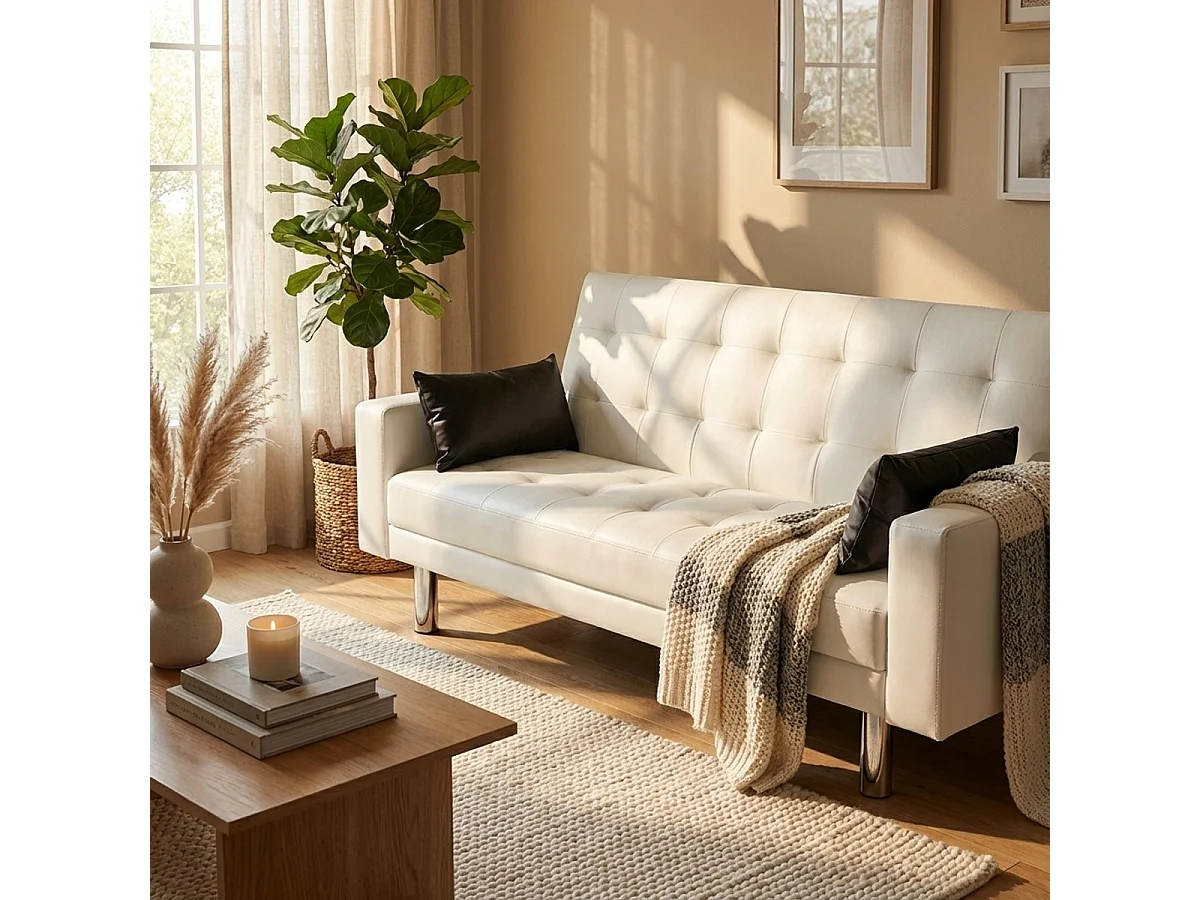 Canapé convertible 2 places clic-clac en similicuir accoudoirs et coussins Agata - Blanc