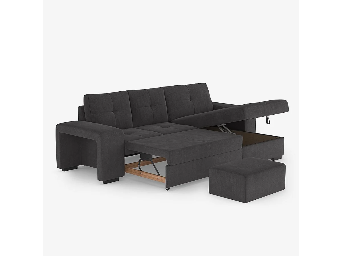 3-Sitzer Schlafsofa mit rechter Ottomane, Stauraum und Pouf Kava - Schwarz