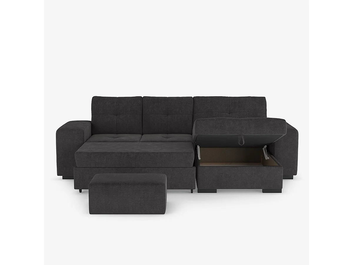 3-Sitzer Schlafsofa mit rechter Ottomane, Stauraum und Pouf Kava - Schwarz
