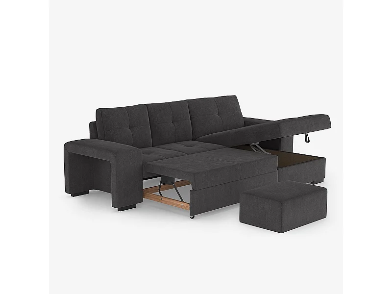 3-Sitzer Schlafsofa mit rechter Ottomane, Stauraum und Pouf Kava - Schwarz
