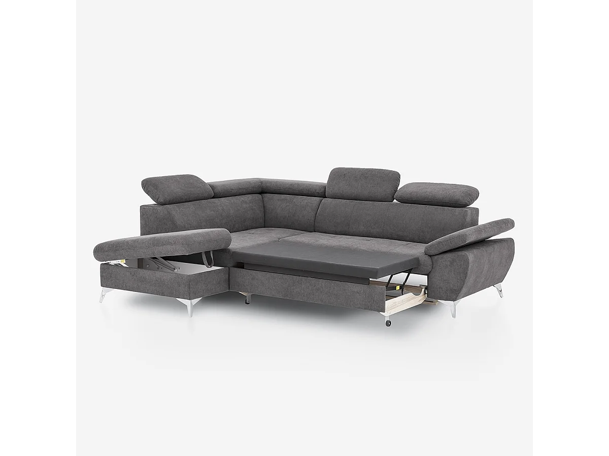Ecksofa mit Bettfunktion 3-Sitzer, modern, linke Ottomane mit Stauraum, Vera - Dunkel Grau
