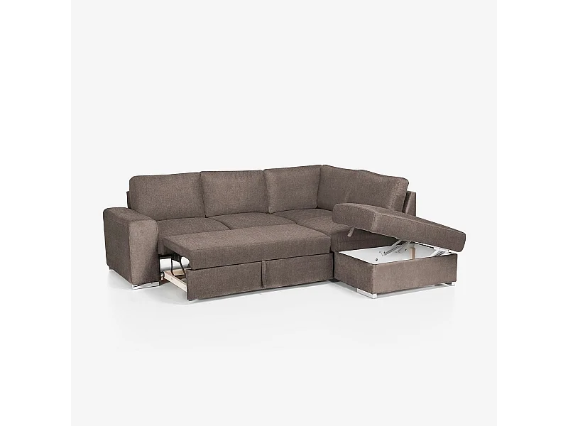 Sofá cama 3 plazas con chaise longue derecha con almacenaje Belka - Gris pardo