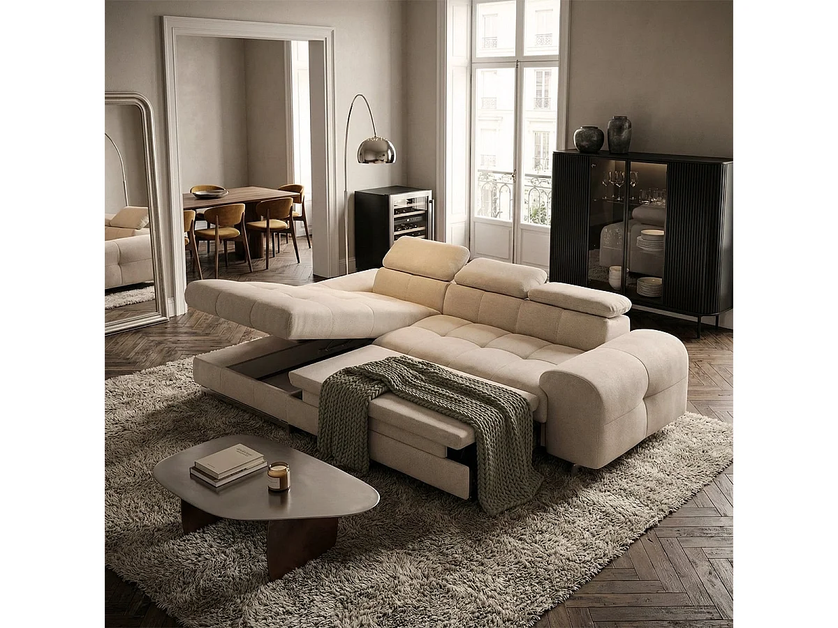 3-Sitzer Schlafsofa mit linker Ottomane, verstellbarem Kopfteil und Stauraum Nura - Beige