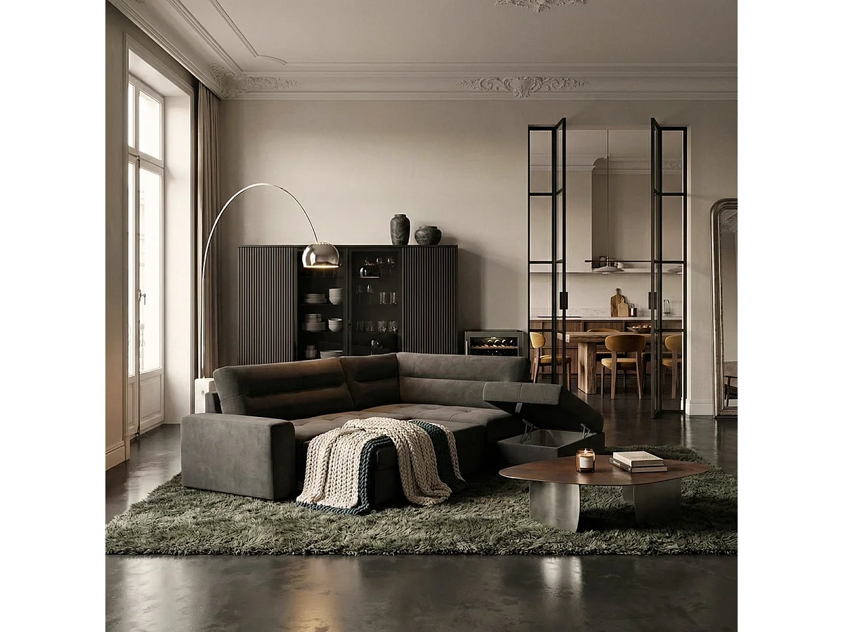 3-Sitzer Schlafsofa mit rechter Récamiere, Stoffbezug, Stauraum Kosta - Dunkel Grau