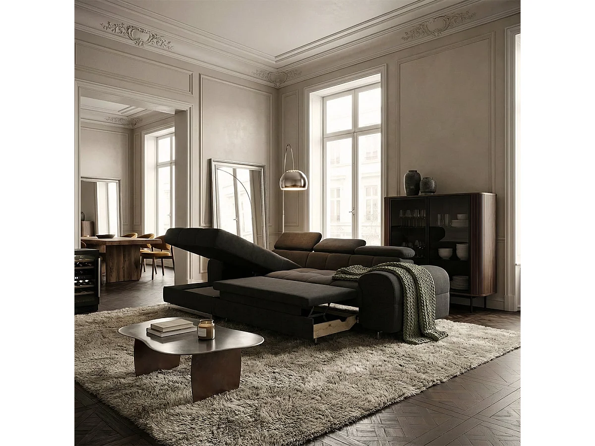 3-Sitzer Schlafsofa mit linker Ottomane, verstellbarem Kopfteil und Stauraum Nura - Schwarz