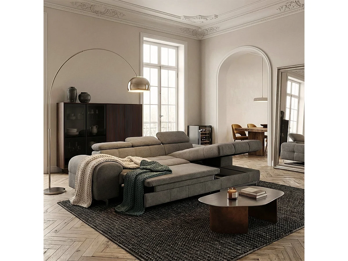 Schlafsofa mit rechter Ottomane, Stauraum und verstellbarer Kopfstütze Eluna - Anthrazit