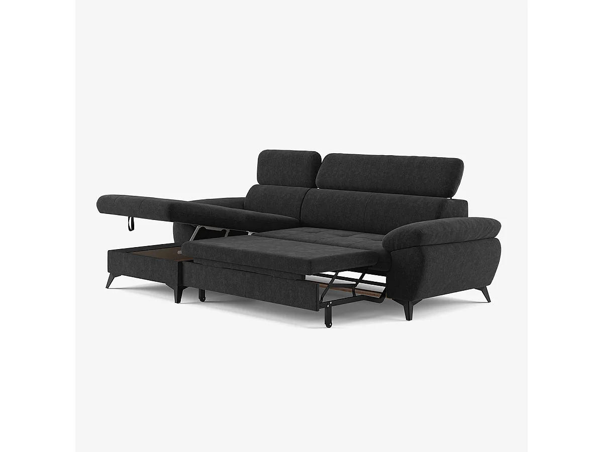 Modernes 3-Sitzer Schlafsofa mit linker Bettkasten-Ottomane Miral - Schwarz