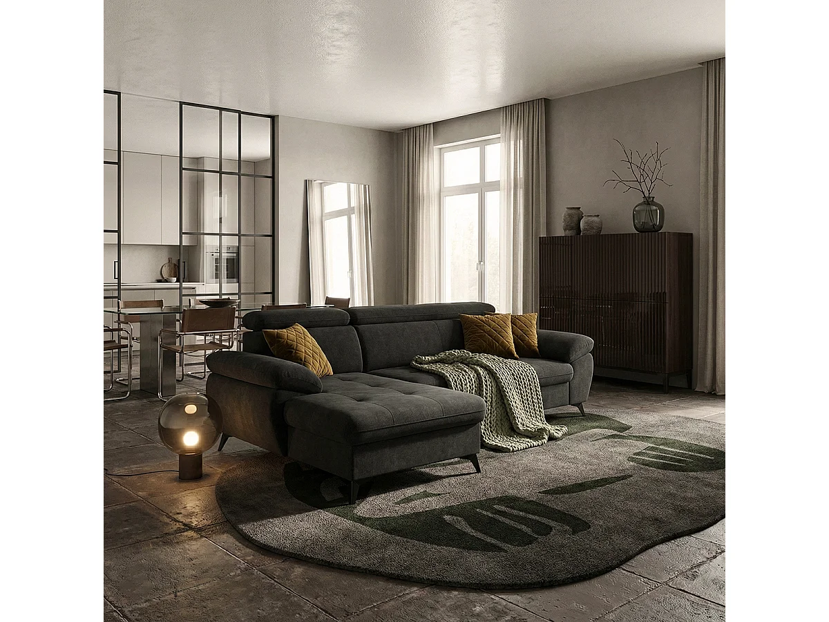 Modernes 3-Sitzer Schlafsofa mit linker Bettkasten-Ottomane Miral - Schwarz