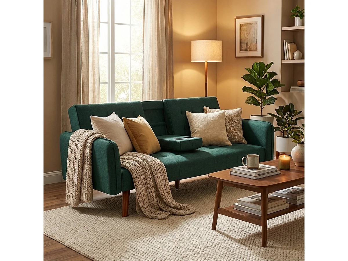 Schlafsofa 2-Sitzer verstellbar mit Armlehne und Getränkehalter Ember - Dunkel Grün