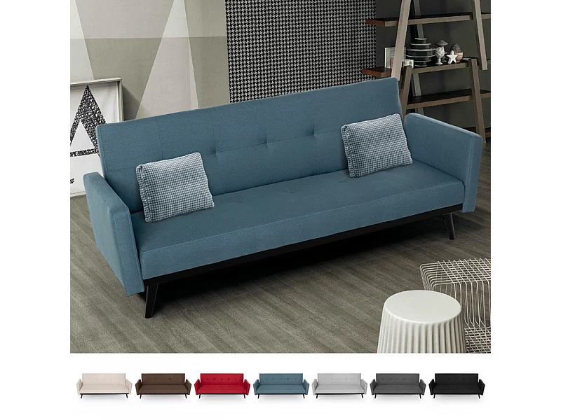 Divano letto 3 posti in tessuto reclinabile clic clac design moderno Tulum - Blu