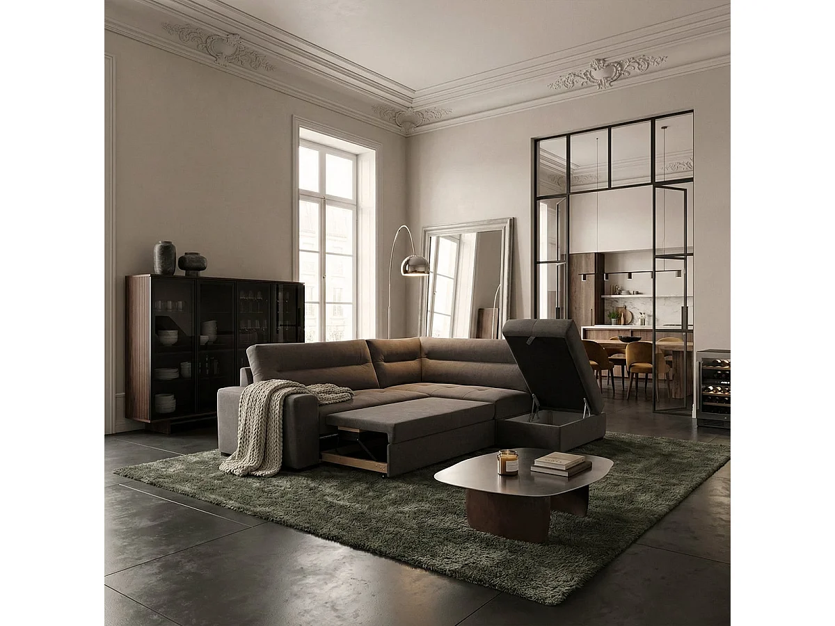 3-Sitzer Schlafsofa mit rechter Récamiere, Stoffbezug, Stauraum Kosta - Schwarz