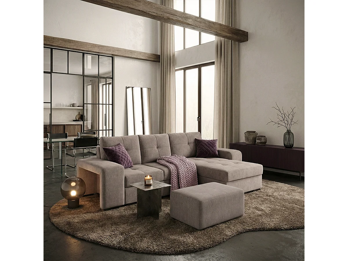 3-Sitzer Schlafsofa mit rechter Ottomane, Stauraum und Pouf Kava - Dunkel Grau