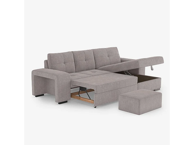 Sofá cama de 3 plazas con chaise longue derecha, almacenamiento y puf Kava - Gris Oscuro