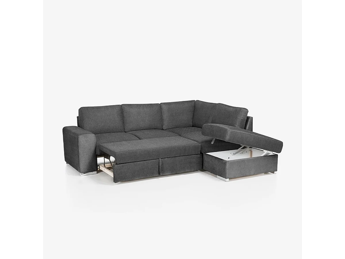 Sofá cama 3 plazas con chaise longue derecha con almacenaje Belka - Gris Oscuro