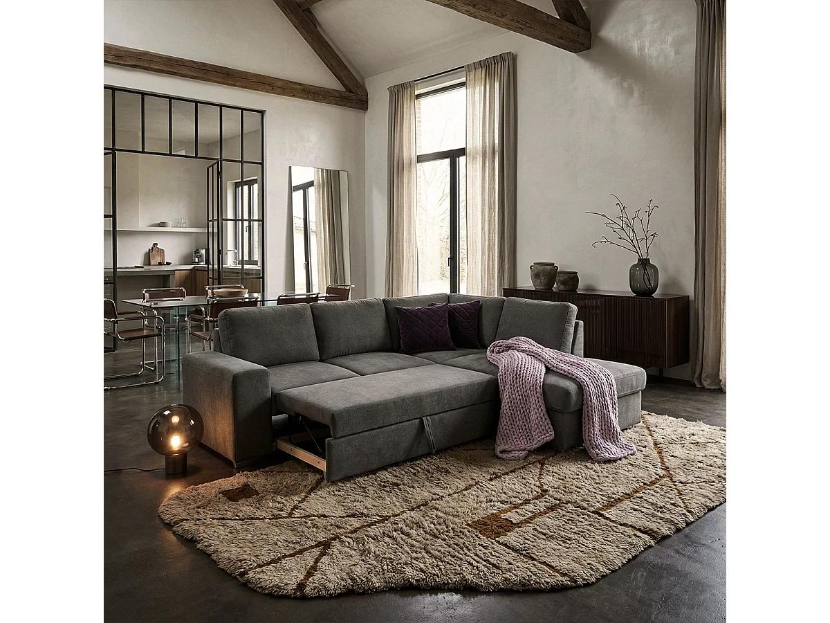 Sofá cama 3 plazas con chaise longue derecha con almacenaje Belka - Gris Oscuro