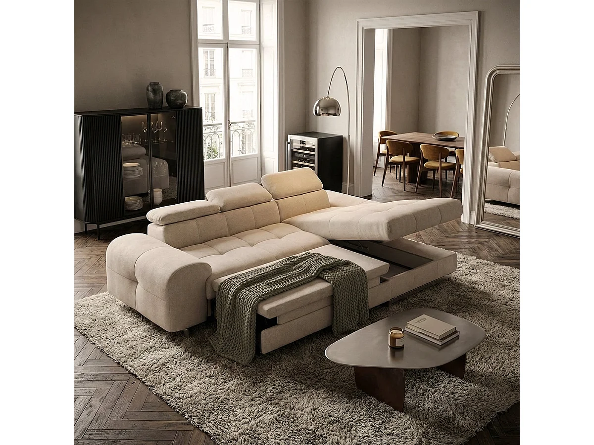 Schlafsofa mit rechter Ottomane, Stauraum und verstellbarer Kopfstütze Eluna - Beige