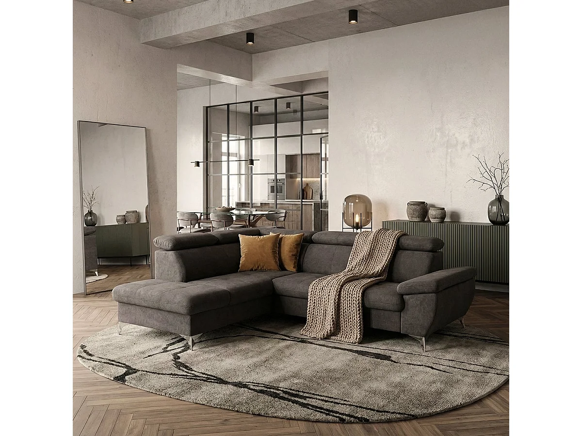 Ecksofa mit Bettfunktion 3-Sitzer, modern, linke Ottomane mit Stauraum, Vera - Schwarz