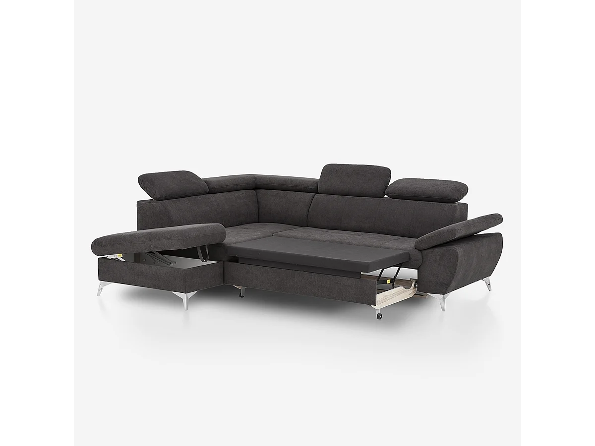 Ecksofa mit Bettfunktion 3-Sitzer, modern, linke Ottomane mit Stauraum, Vera - Schwarz