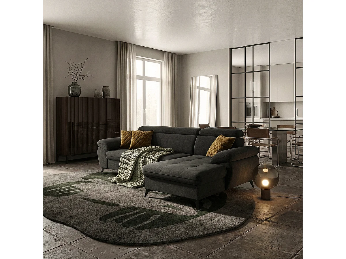 Schlafsofa mit rechter Bettkasten-Eckcouch und verstellbarer Kopfstütze Zuna - Schwarz