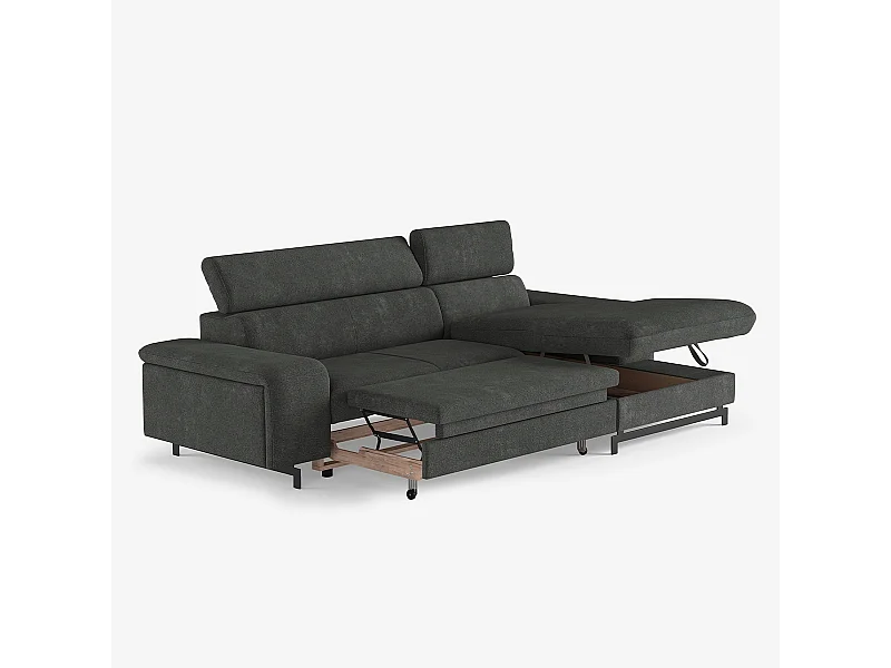 3-Sitzer Schlafsofa mit rechter Ottomane, Stauraum und verstellbarer Kopfstütze Miva - Dunkel Grau