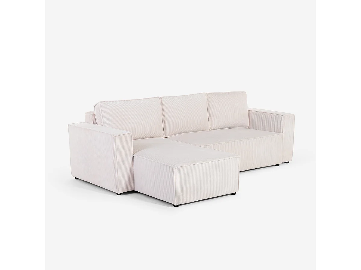 Divano angolare con penisola e letto estraibile in tessuto a coste Leka - Bianco