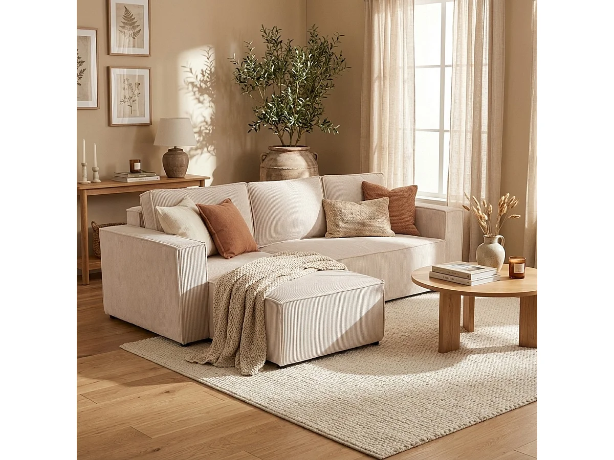 Divano angolare con penisola e letto estraibile in tessuto a coste Leka - Bianco