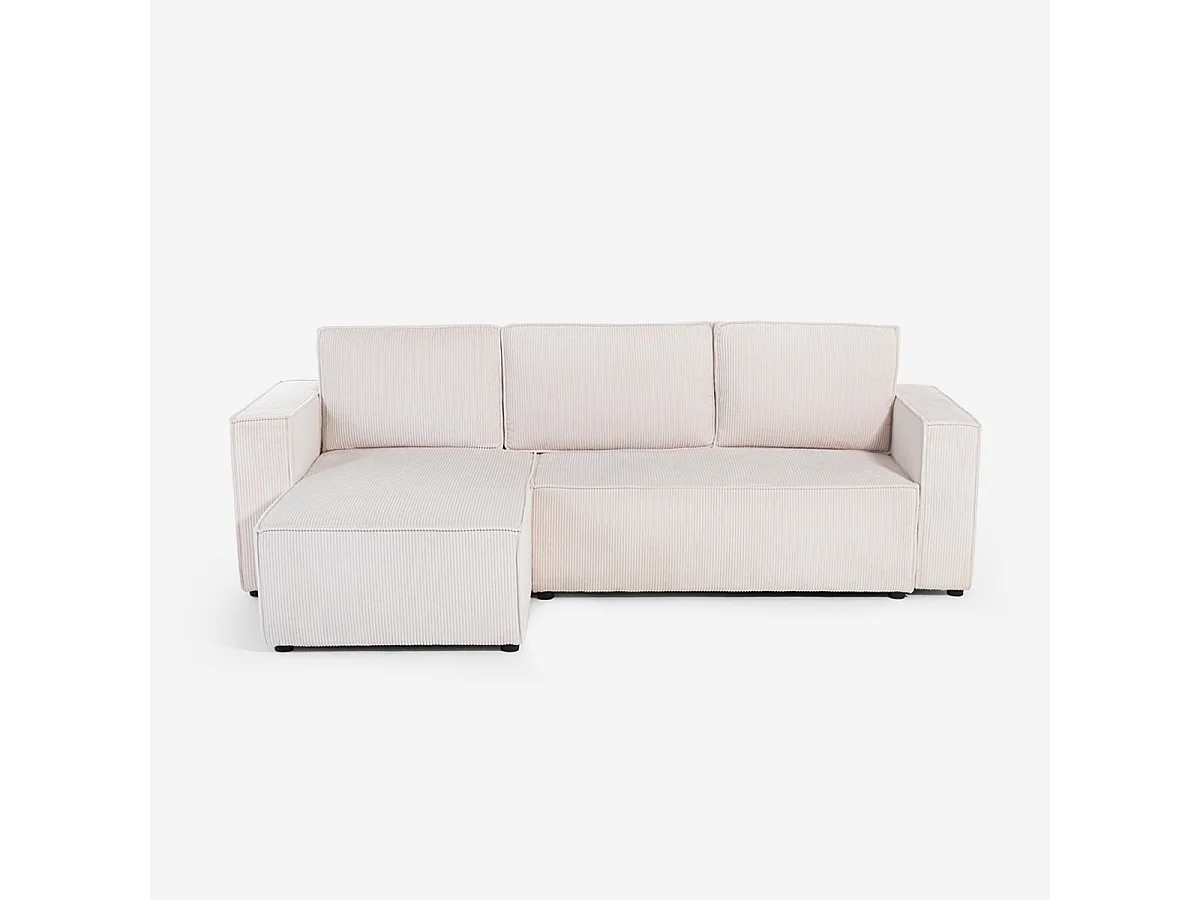 Divano angolare con penisola e letto estraibile in tessuto a coste Leka - Bianco