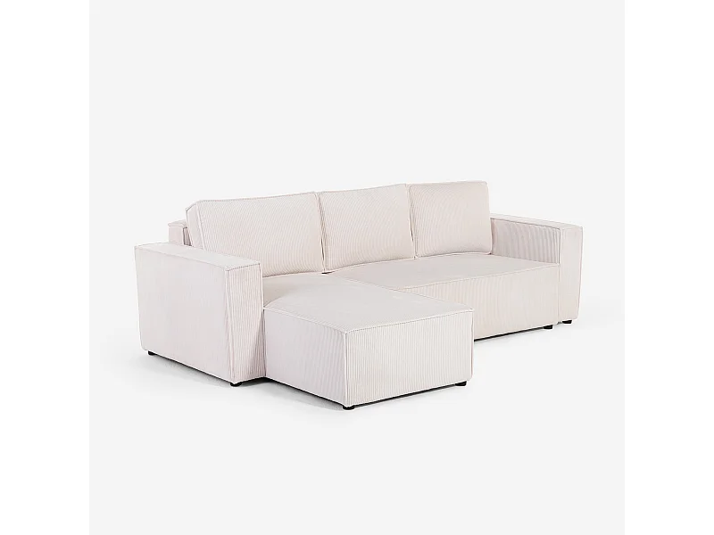 Divano angolare con penisola e letto estraibile in tessuto a coste Leka - Bianco