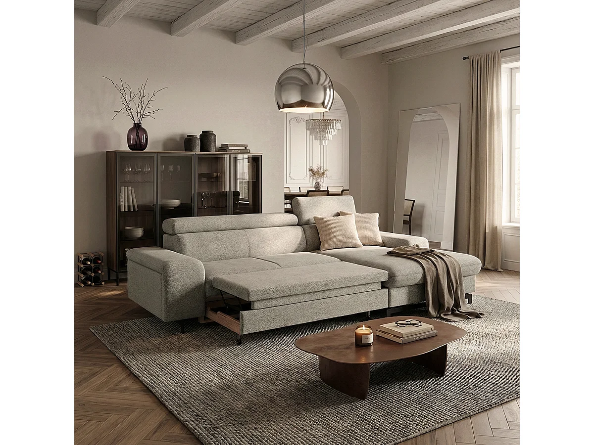 3-Sitzer Schlafsofa mit rechter Ottomane, Stauraum und verstellbarer Kopfstütze Miva - Beige