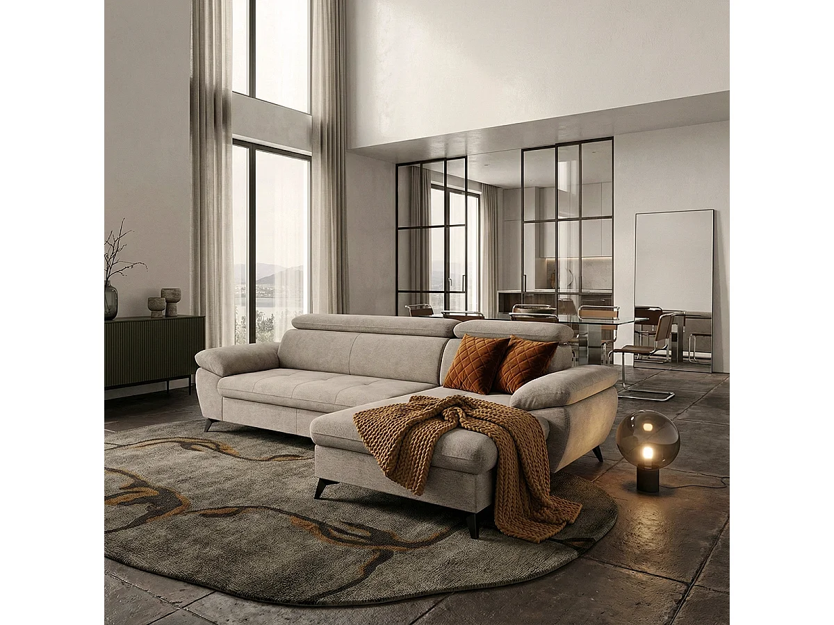 Schlafsofa mit rechter Bettkasten-Eckcouch und verstellbarer Kopfstütze Zuna - Grau