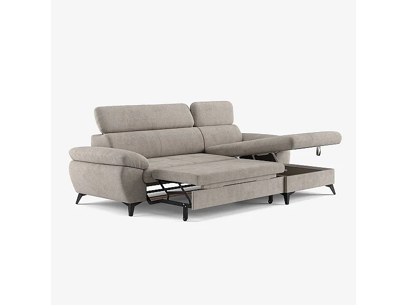 Sofá cama con chaise longue derecha con almacenamiento, reposacabezas ajustable Zuna - Gris