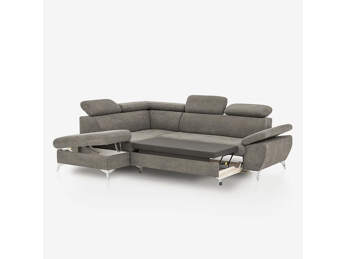 Ecksofa mit Bettfunktion 3-Sitzer, modern, linke Ottomane mit Stauraum, Vera - Grau