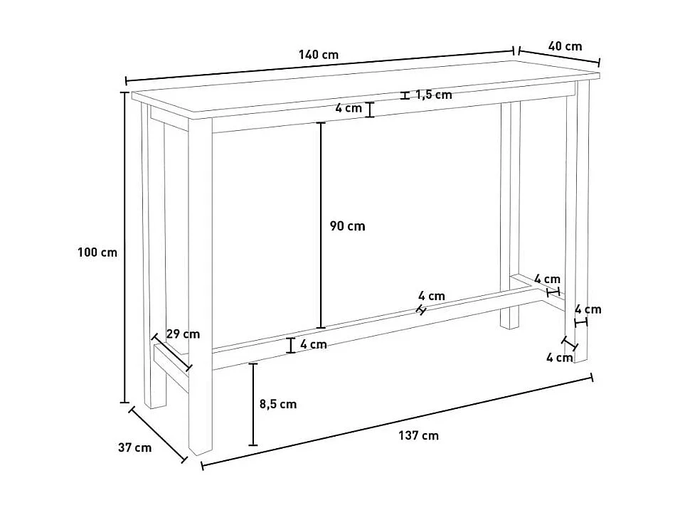 Mesa alta taburetes bar cocina consola de entrada 140 x 37 x 100 cm Edebel - Blanco - Roble