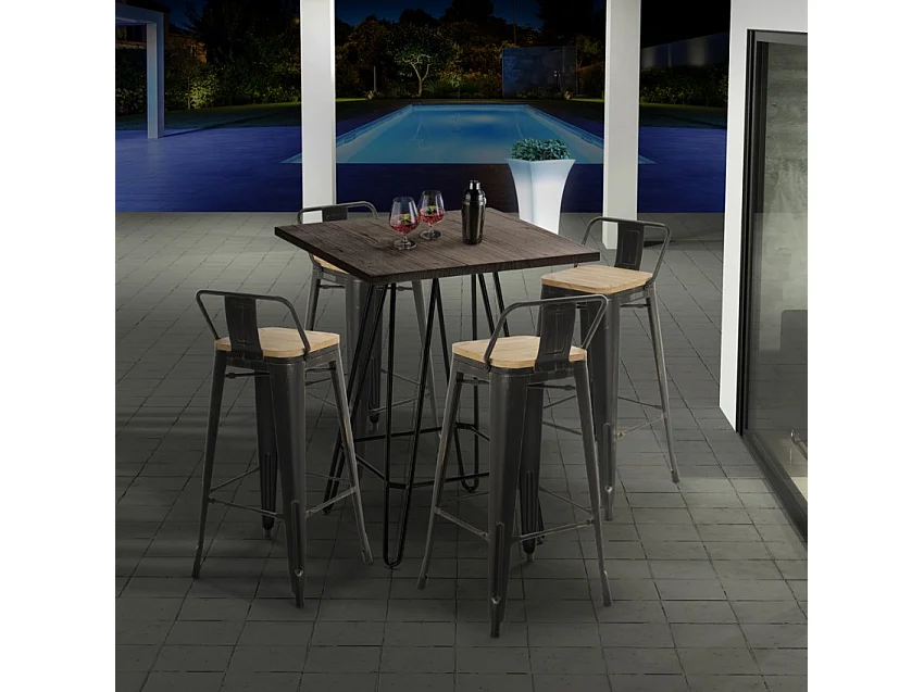 Tavolino alto per sgabelli Industrial 60x60 metallo acciaio legno Bolt - Marrone