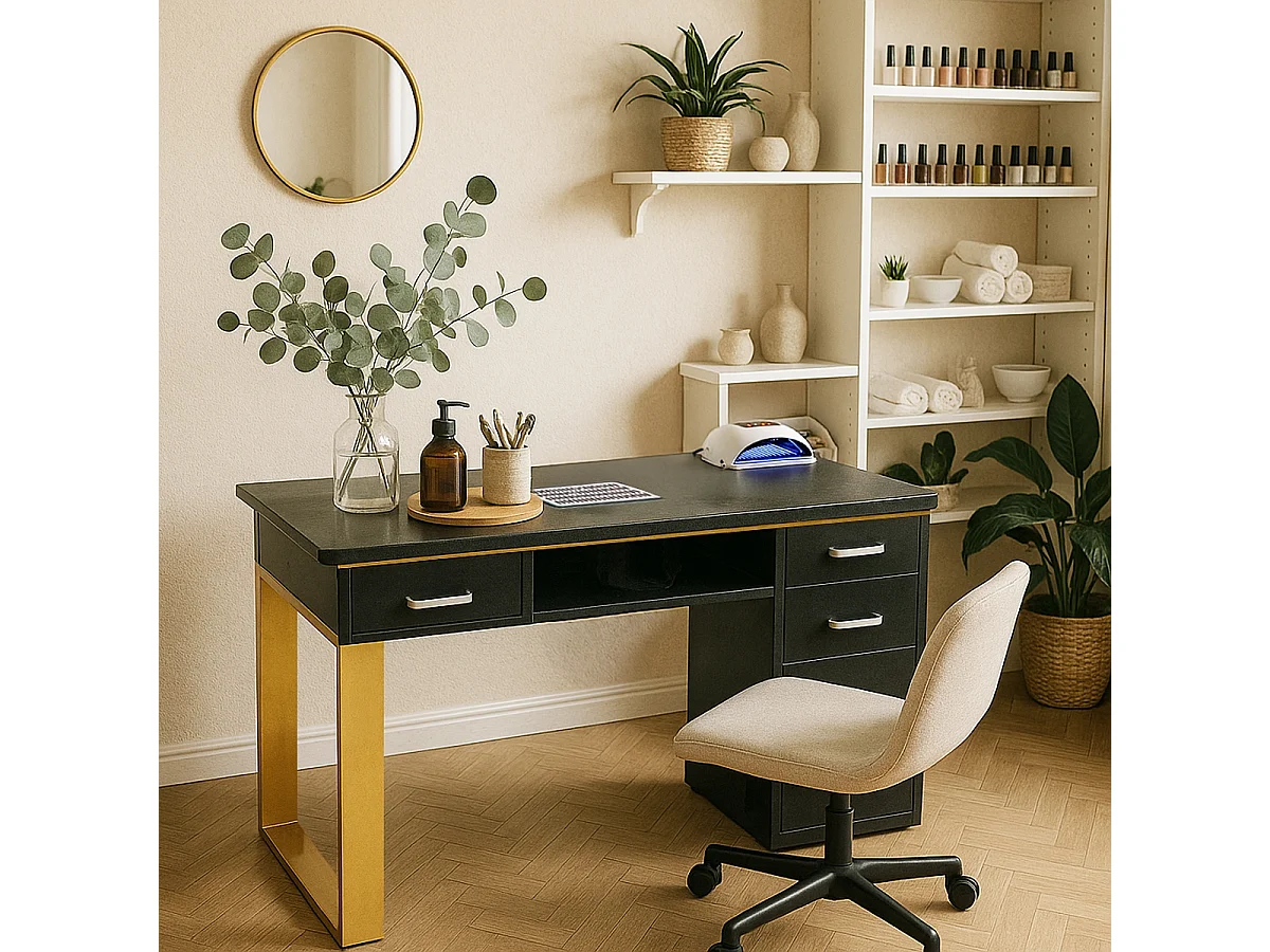 Tavolo per estetista manicure nero con aspiratore e piano in vetro Glamos