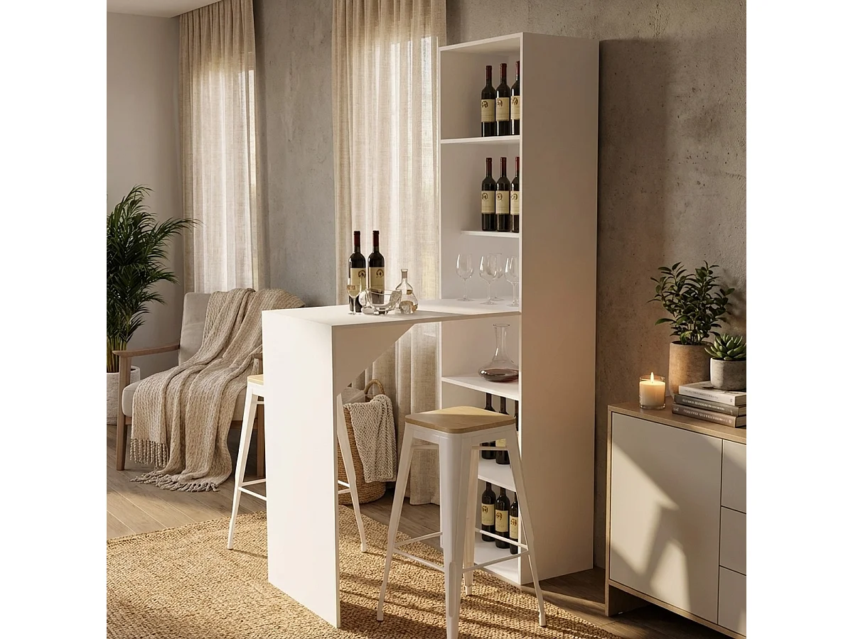 Mobile bar moderno tavolo alto per sgabelli con ripiani h109 Tanul - Bianco